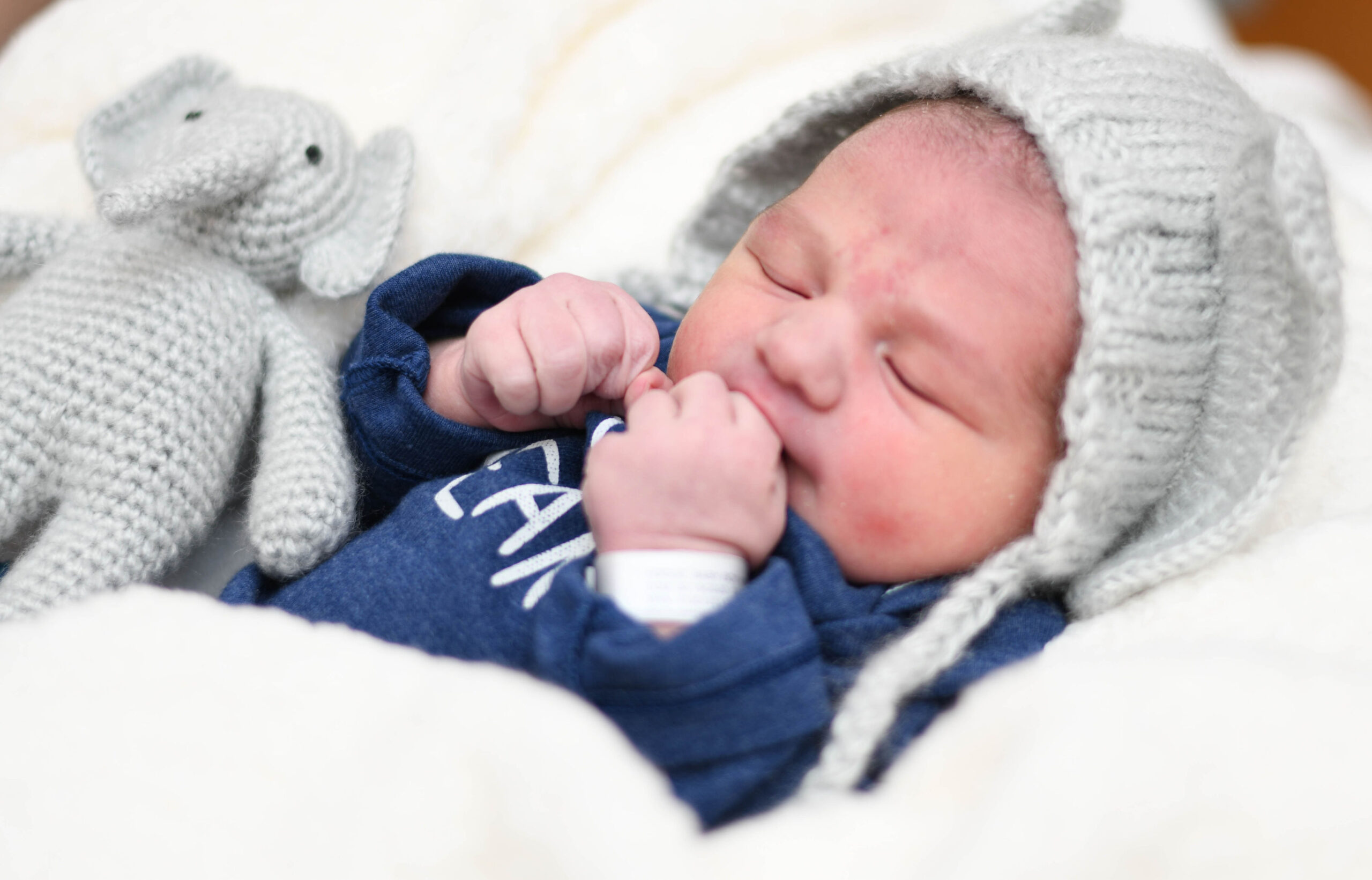 newborn baby in hospital with stuffed animal