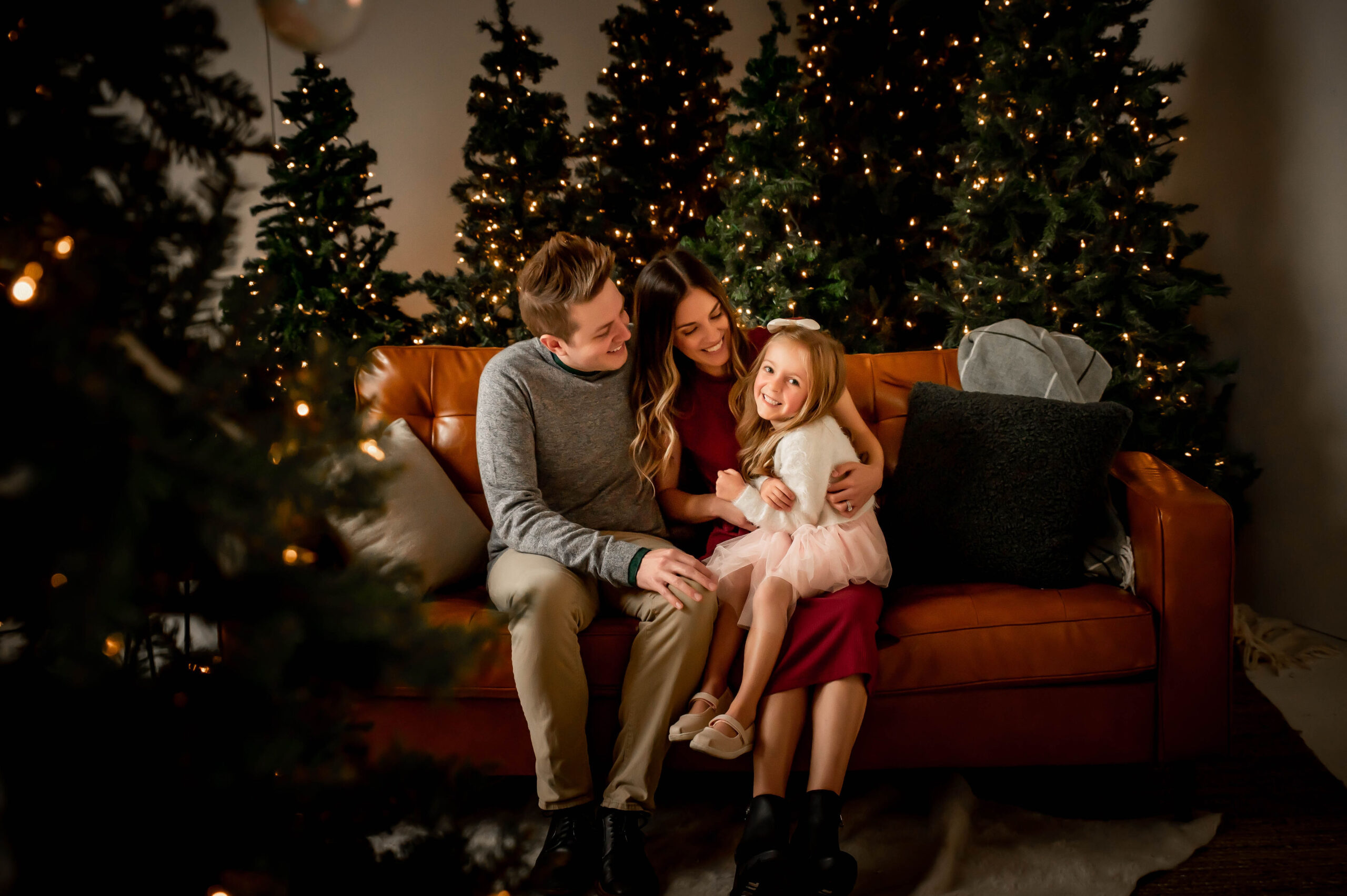 Family dressed up sitting in front of Christmas trees in studio for family photos.